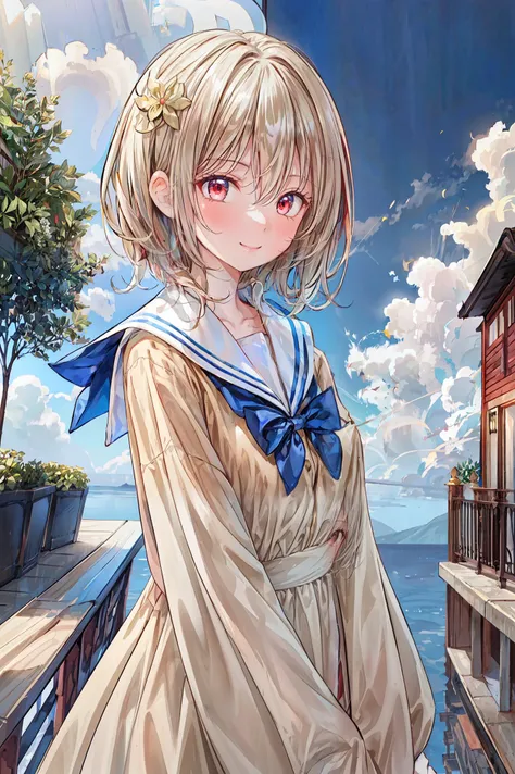 masterpiece,best quality,1 girl,Alone,outdoor,watching viewers,sailor suit,smile,bangs,null,blue null,cloud,medium chest,hair between eyes, white hair,red eyes,cross your arms around your back,Simple Clothes ,long hair