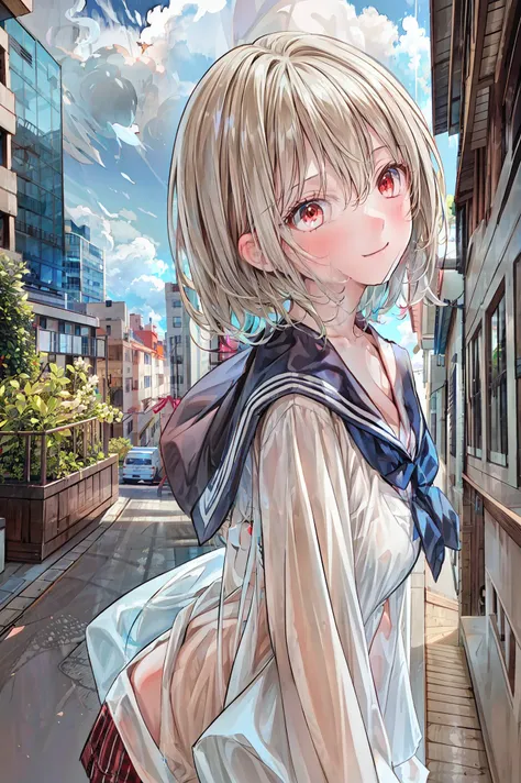 masterpiece,best quality,1 girl,Alone,outdoor,watching viewers,sailor suit,smile,bangs,null,blue null,cloud,medium chest,hair between eyes, white hair,red eyes,cross your arms around your back,Simple Clothes ,long hair