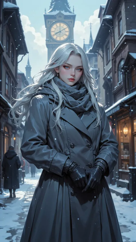 8k, Masterpiece, Top Quality, silver hair, pale skin, blue eyes, calm expression, gray coat, double-breasted, flared skirt, gray scarf, dark gloves, hands clasped, snowy street, European architecture, large clock, cold atmosphere, few people, soft lighting...