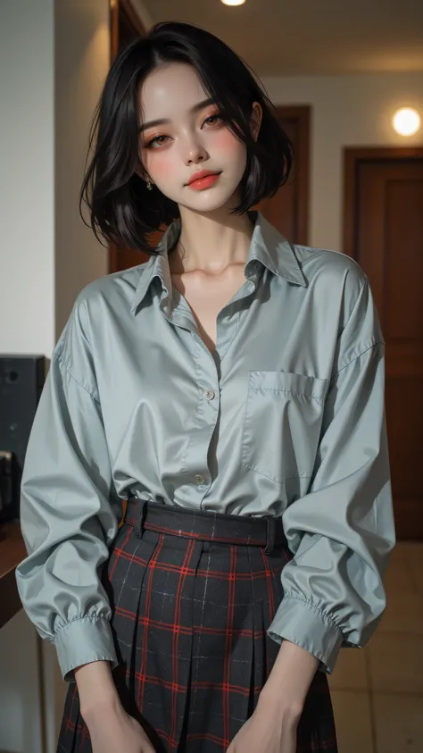 8k, Masterpiece, Top Quality, Close-up, slightly low-angle,  woman, short dark hair, bob, light gray button-down shirt, oversized, dark gray red plaid pleated mini skirt, relaxed pose, neutral expression, slight smile, indoor setting, hallway, corridor, li...