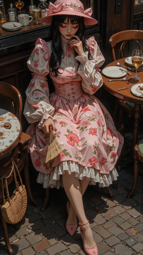 8k, Masterpiece, Top Quality, High-angle, medium shot. Fair skin, dark hair, downcast eyes,  pink hat, floral dress, puffed sleeves, full skirt, petticoat, fishnet stockings, heels, hand fan, straw handbag. Seated, legs crossed. Outdoor café, cobblestone s...