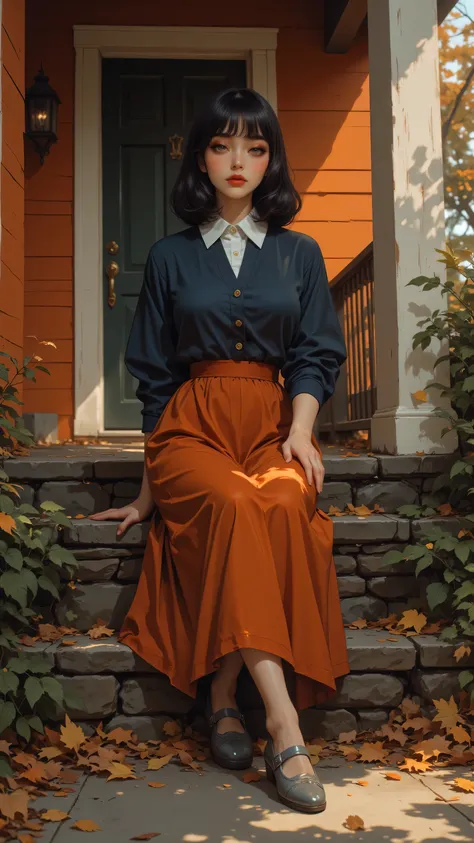 8k, Masterpiece, Top Quality, dark hair, shoulder-length bob, subtle makeup, dark eyes, red lips, white collared blouse, navy cardigan, rust-colored A-line skirt, mid-calf length, gray Mary Jane shoes, residential area, orange house, porch, fall foliage, f...