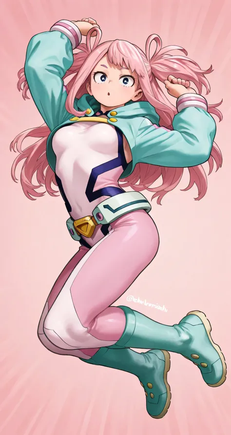 two side up, pink hair, My Hero Academia style, Kohei Horikoshi, pastel colors hero suit, cropped hoodie, small breasts, A dynamic pose, long hair, jumping, full body 