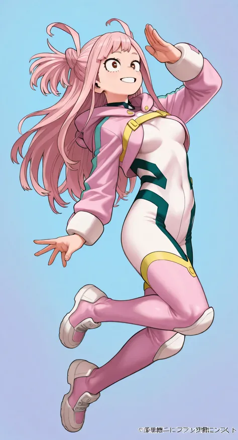 two side up, pink hair, My Hero Academia style, Kohei Horikoshi, pastel colors hero suit, cropped hoodie, small breasts, A dynamic pose, long hair, jumping, full body