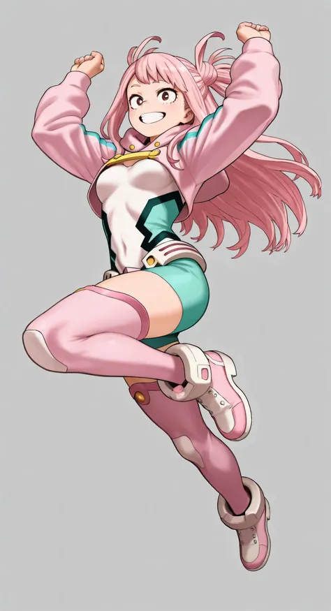 two side up, pink hair, My Hero Academia style, Kohei Horikoshi, pastel colors hero suit, cropped hoodie, small breasts, A dynamic pose, long hair, jumping, full body