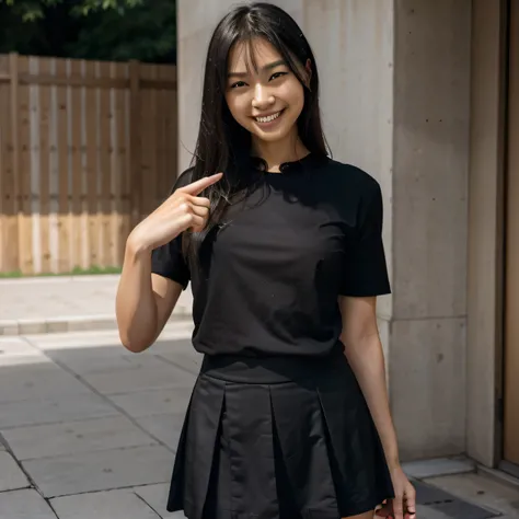 Hyper realistic , Japanese girl pointing to the right while looking Infront with a wide smile, (pointing to the right),(well defined fingers), (wide smile), (well dressed), (cool black shirt and skirt),(well dressed),(black girl),(4k hyper realistic), (dec...