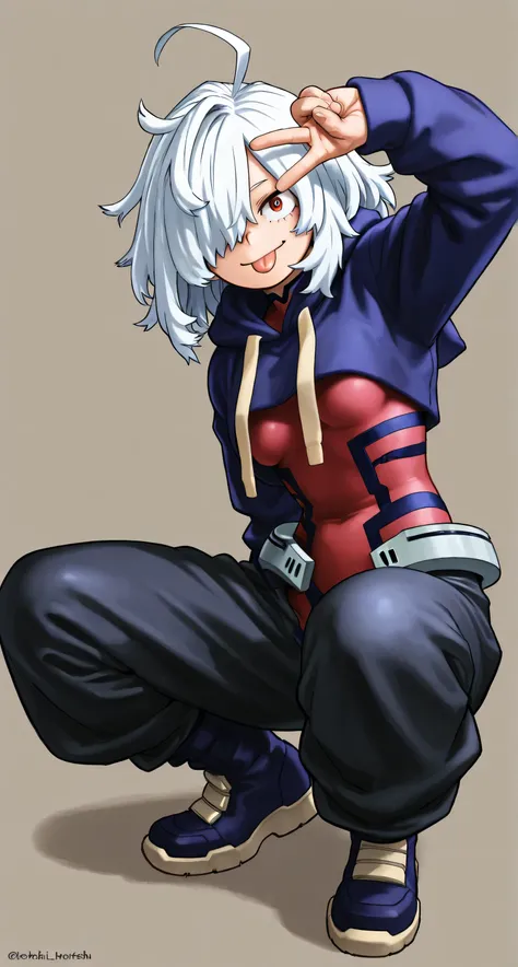 ((cropped hoodie:1.7)), ((bodysuit)), white hair, hair over one eye, messy hair, ahoge, medium hair, small breasts, baggy pants, v over eye, tongue, squatting, ヤンキー座り, My Hero Academia style, Kohei Horikoshi