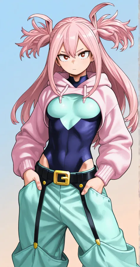 Small breasts, skinny body, two side up, My Hero Academia style, Kohei Horikoshi, bodysuit, A dynamic pose, cropped hoodie, baggy pants, fighting pose, black belt, garter belt, pastel colors clothes, hands in pockets, pink hair, long hair 