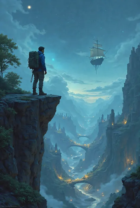 A courageous explorer, wearing a blue jacket, standing on a cliff overlooking a vast enchanted valley full of
of floating islands and mysterious ruins. in the distance, a ghostly ship sails across a starry sky.