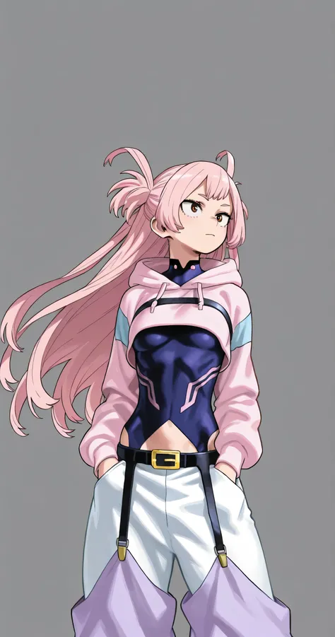 Small breasts, skinny body, two side up, My Hero Academia style, Kohei Horikoshi, bodysuit, A dynamic pose, cropped hoodie, baggy pants, fighting pose, black belt, garter belt, pastel colors clothes, hands in pockets, pink hair, long hair, kikkou shibari 