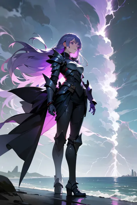 A purple-haired woman, thirty years old, long hair, pretty woman, standing on a hill, heavy rain, purple eyes, wearing a majestic body armor. Lightning in the sky. A beach is at her side.
