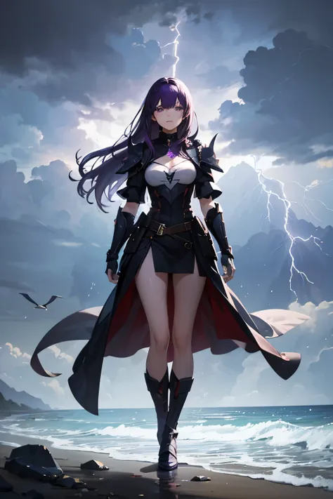 A purple-haired woman, thirty years old, long hair, pretty woman, standing on a hill, heavy rain, purple eyes, wearing a majestic body armor. Lightning in the sky. A beach is at her side.
