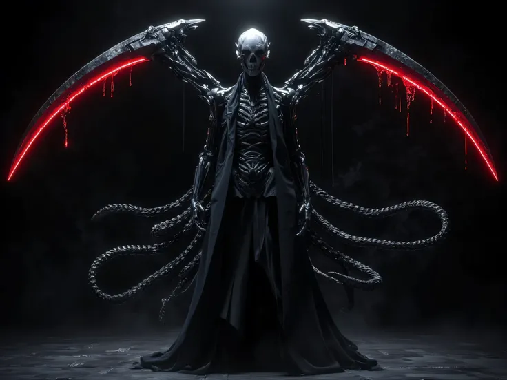 jack the ripper, Black Spirit, AMBASSADOR, Aura Black , , two large black scythe mobiles, Floating above the ground, Antiquity, ชุดคลุมBlack Spirit, Skull head, black background, images, masterpiece, Horror Movies, Details Clear, 8K resolution.