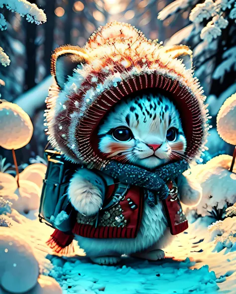 Best Images、" 剣と盾を手に持つcute生き物たち. 、（location: forest ）,  The Season Is Winter  、   Thorough , In 8K、Best Images、 （snow leopard）、 DRESS UP LIKE AN EXPLORER   、   holding an axe in his hand、    medieval adventurer costume   、(((cute)))、