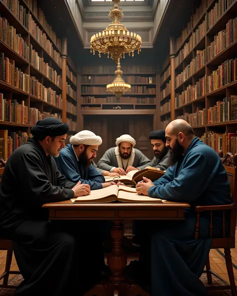 **Prompt:** Create a hyper-realistic, wide-angle image centered in a medieval Islamic library, showcasing a group of intricately detailed Arabic thinkers engrossed in their reading and discussion. All participants should be depicted wearing traditional ...