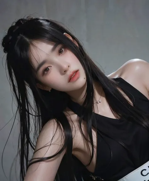 Araffe Asian woman with long black hair and a black blouse, Ella tiene el pelo negro con flequillo, Retrato de Jossi de Blackpink, iu lee ji-eun as a super villain, Jossi de Blackpink, Blackpink Jennie, seductor retrato de Tifa Lockhart, con flequillo, Cab...