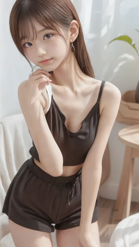 Black House、(One Beautiful Girl)、(baby face、 Transcendental Young Face)、Sidewarns hair、earrings、((slender body line))、tight waist、 small nice ass、thin thighs below eyes、Highest quality、8k、 RAW photos 、 reality、Ultra High Definition、(detailed hands:1.3, per...