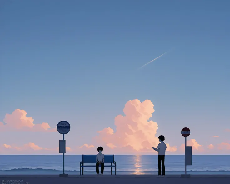  A serene anime-style scene at a seaside bus stop, bathed in soft summer light. A young boy with short dark hair sits on a vibrant blue bench, holding a book in his hands, lost in thought. Beside him, a faint, ghostly figure of another boy stands, slightly...