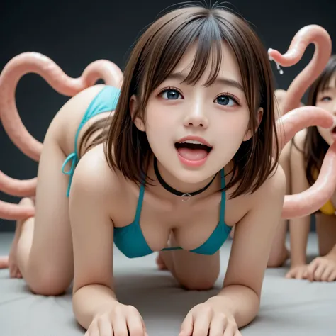 Highest quality、masterpiece、SF, surreal, duo, Group photo, lesbian,  beautiful girl attacked by tentacles、 full body photo, ((on all fours)), Tentacles in front of your eyes、Tentacles from the front、tentacles in front of your face, entangled tentacles, ( b...