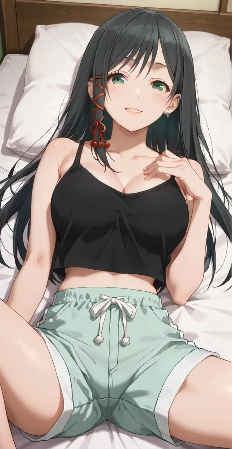 ((Random porn pose)), Yae amagami , Black hair, long hair,  green eyes, earrings, ear piercing, score_9, score_8_up, score_7_up, source_anime, masterpiece,best quality, big breasts, seductive smile, blush (dolphin shorts, Black Spaghetti strap, crop top ov...