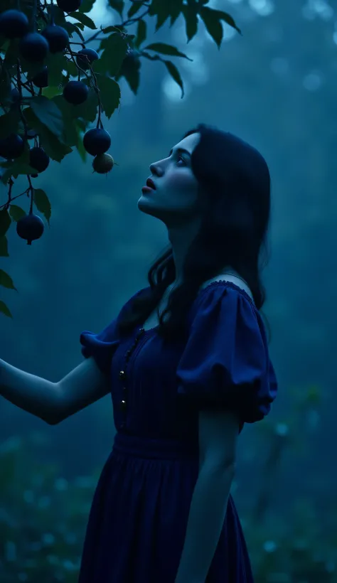 A full body side shot of a beautiful curious woman with dark wavy hairstyle, ((very pale skin)), looking up, picking a fig fruit from a tree, dressed in deep blue, cinematic shot, cinematic composition, portrait, close up, thick mist, ((((deep dark sapphir...