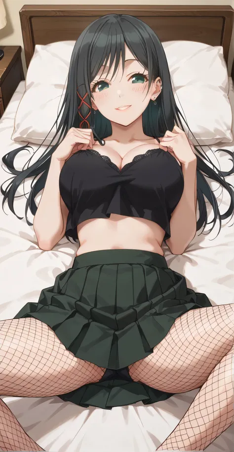 ((Random porn pose)), Yae amagami , Black hair, long hair, green eyes, earrings, ear piercing, score_9, score_8_up, score_7_up, source_anime, masterpiece,best quality, big breasts, seductive smile, blush, (Black Spaghetti strap, crop top overhang, cleavage...