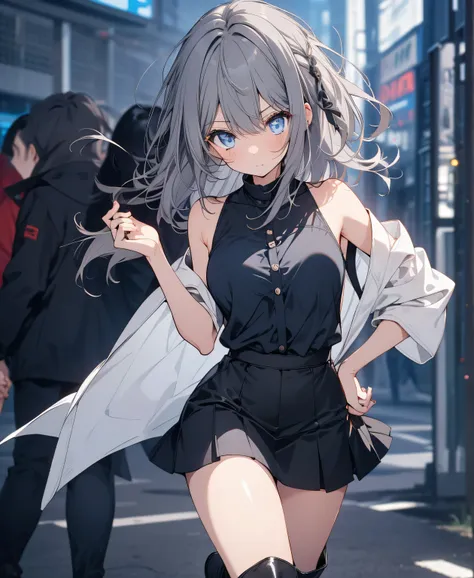 [one girl,  comments,  expressionless,  positive for home, (gray hair:1.5), straight hair , (shortcut from elbow to hand:1.4),( blue eyes:1.3), Oversized Black Jacket , black skirt, long boots、Running Hard 