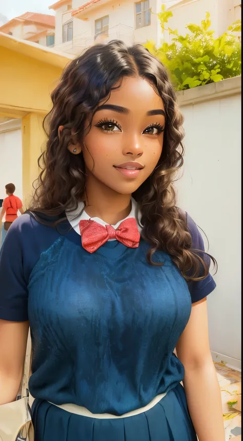 Pixar Disney style, Young, sweet, school uniform, masterpiece, best quality, highly detailed, score_9, score_8_above, score_7_above, score_6_above,Break Moana,1 , alone, mulher de dark skin, dark skin,  smile,  curly hair , college, school landscape, corps...