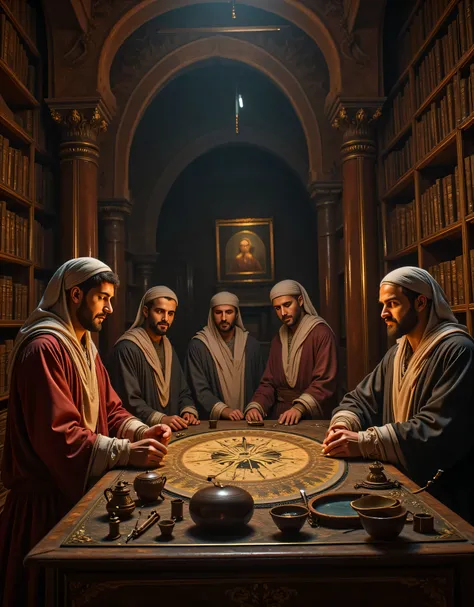 **Prompt:** Create a hyper-realistic wide-angle image set in a medieval Islamic laboratory, showcasing a group of intricately detailed Arabic physicists deeply engaged in their research. The scene features a variety of ancient astronomy miniatures, ancient...