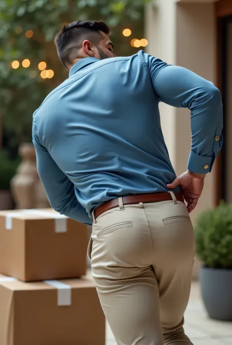 Fotografía realista, 35-year-old muscular (((atletic man))) , , View from below, nalgon de perfil, stripe blue formal shirt and very tight light beige trousers, brown belt, de perfil, Big butt, viendo a cámara, ojos negros, en el patio, hombre sexy, muy na...