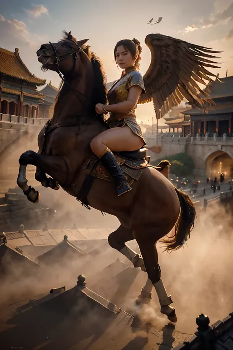 a beautiful chinese girl riding on a pegasus, above the forbidden city, intricate detailed painting, oil painting, 8k, highly detailed, photorealistic, cinematic lighting, warm colors, dramatic composition, majestic, fantasy, epic, masterpiece