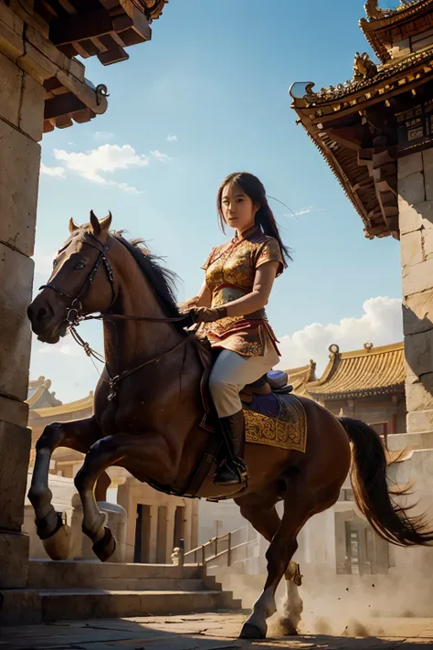 a beautiful chinese girl riding on a pegasus, above the forbidden city, intricate detailed painting, oil painting, 8k, highly detailed, photorealistic, cinematic lighting, warm colors, dramatic composition, majestic, fantasy, epic, masterpiece