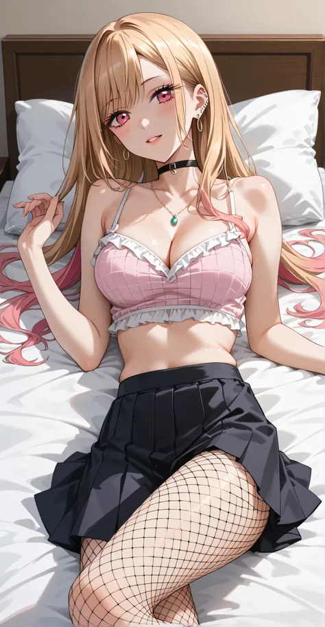 KJOmarin, blonde hair, long hair, pink eyes, earrings, ear piercing, multicolored hair, score_9, score_8_up, score_7_up, source_anime, masterpiece,best quality, medium breasts,( Fishnet Spaghetti strap, crop top overhang, cleavage, black Skirt, Fishnet pan...