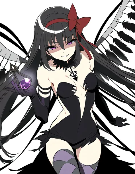 1girl, akuma homura, solo, long hair, wings, gloves, elbow gloves, black hair, smile, purple eyes, thighhighs, black gloves, argyle legwear, argyle, bare shoulders, looking at viewer, dress, soul gem, hair bow, bow, choker, feathered wings, white backgroun...