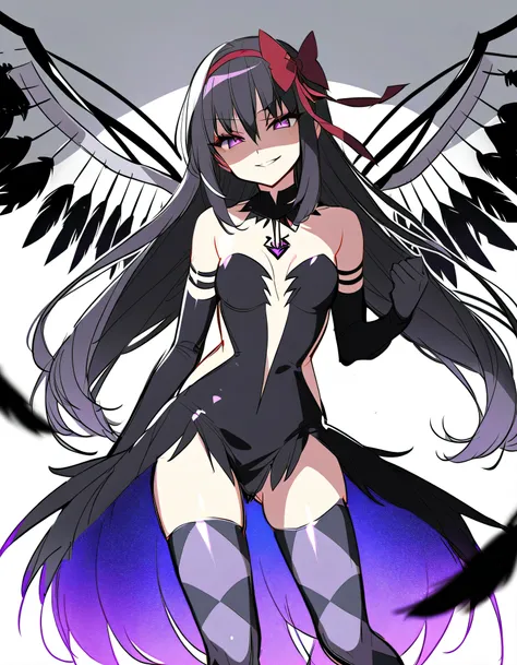 1girl, akuma homura, solo, long hair, wings, gloves, elbow gloves, black hair, smile, purple eyes, thighhighs, black gloves, argyle legwear, argyle, bare shoulders, looking at viewer, dress, soul gem, hair bow, bow, choker, feathered wings, white backgroun...