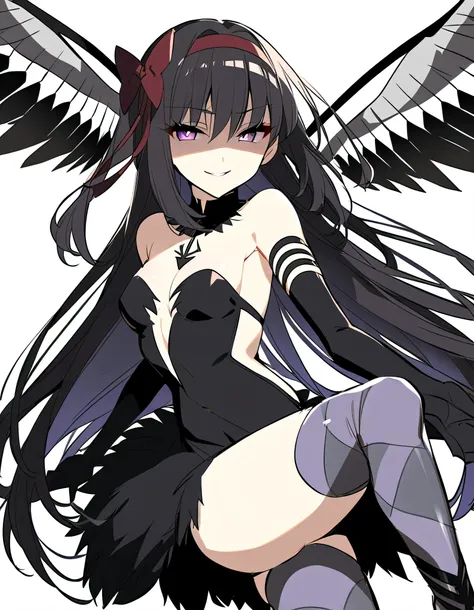 1girl, akuma homura, solo, long hair, wings, gloves, elbow gloves, black hair, smile, purple eyes, thighhighs, black gloves, argyle legwear, argyle, bare shoulders, looking at viewer, dress, soul gem, hair bow, bow, choker, feathered wings, white backgroun...