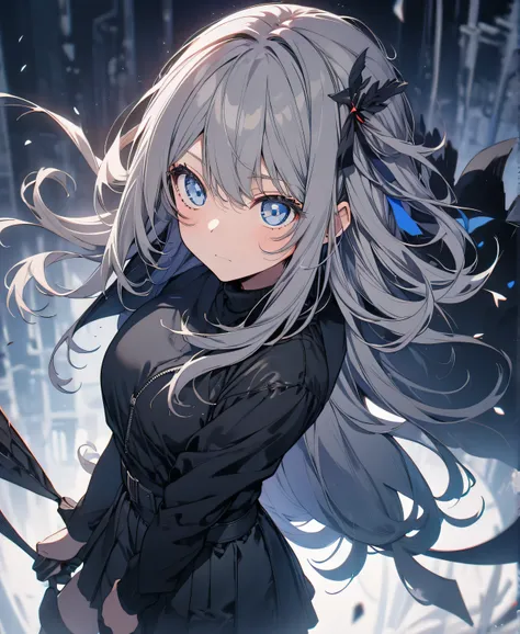 [one girl,  comments,  expressionless,  positive for home, (gray hair:1.5), straight hair , (shortcut from elbow to hand:1.4),( blue eyes:1.3), Oversized Black Jacket , black skirt, long boots、try as hard as one can、 gloves up to the elbow 