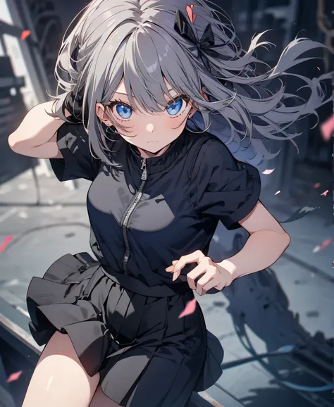 [one girl,  comments,  expressionless,  positive for home, (gray hair:1.5), straight hair , (shortcut from elbow to hand:1.4),( blue eyes:1.3), Oversized Black Jacket , black skirt, long boots、try as hard as one can、 gloves up to the elbow 