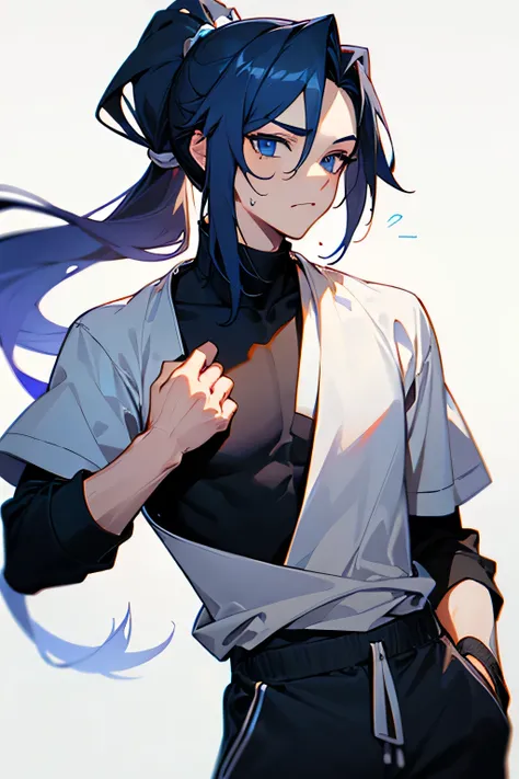 Make a definite male character, With long white a ponytail,  with blue eyes,  he's wearing a black shirt and white sweatpants, in anime
