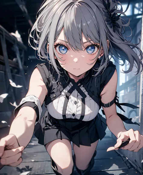 [one girl,  comments,  expressionless,  positive for home, (gray hair:1.5), straight hair , (shortcut from elbow to hand:1.4),( blue eyes:1.3), Oversized Black Jacket , black skirt, long boots、try as hard as one can、 gloves up to the elbow 