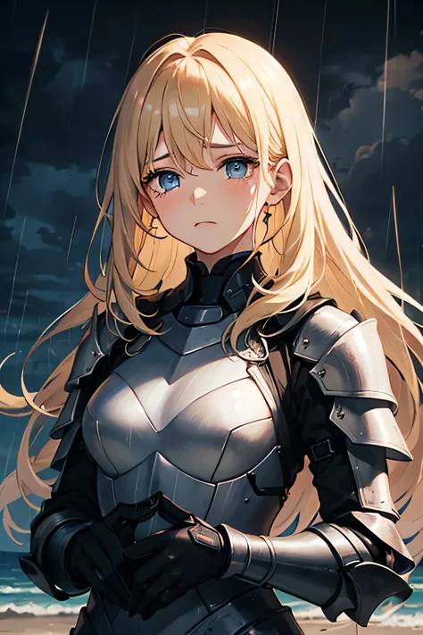  Young Woman,  twenty-seven years old , wearing iron armor,  blond hair, blue eyes,  sad face,  is on a beach , cloudy skies and rain,  pretty woman, dark sky,  dark environment, Crying lightly,  It's nighttime