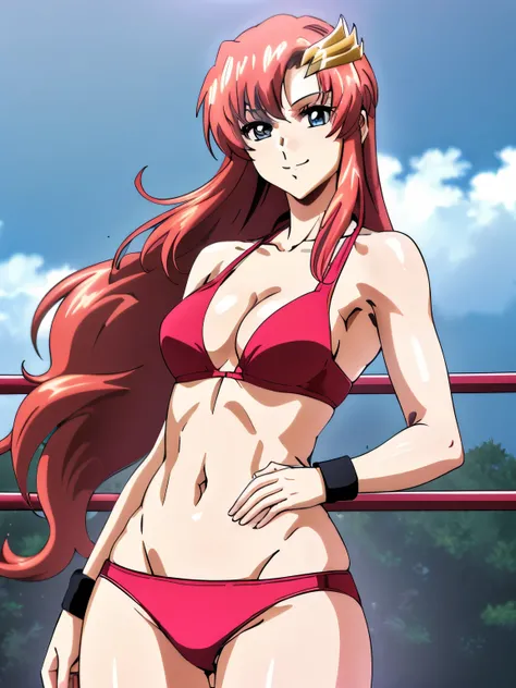 lacus4, (red bikini:1.5), (looking at the viewer:1.1), (composed stance:1.5), (abdsurdres:1.4), (silk thong:1.1), (tall girl:1.3), (smooth biceps:1.2), (face details:1.1), masterpiece, (cowboy shot:1.5), very slim shoulders, 4K, (Best Quality:1.7), (Anime ...