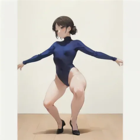 Close up of a person in a bodysuit on a wooden floor, by Yamaguchi Kayo, Kissed by Xiao Linqing, by Yoshihiko Wada, Written by Kano Naizen, by Oze Kanaoka, by Taiyō Matsumoto, By Oka Yasutomo,  distorted pose , By Ikuo Hirayama