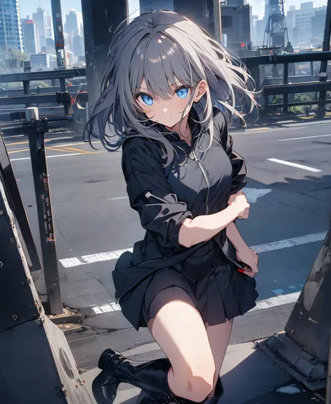 [one girl,  comments,  expressionless,  positive for home, (gray hair:1.5), straight hair , (shortcut from elbow to hand:1.4),( blue eyes:1.3), Oversized Black Jacket , black skirt, long boots、try as hard as one can、 gloves up to the elbow 