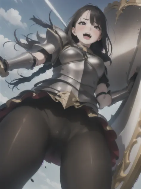 ((round ecstasy face)), drooping eyes, shame smiling, blush),female fighter, small breasts, (armor), shame, blush, (dark pantyhose with pubic hair), (thick sword, huge shield), high boots, closeup her crotch, short braid, open mouth, drooling, fighting pos...