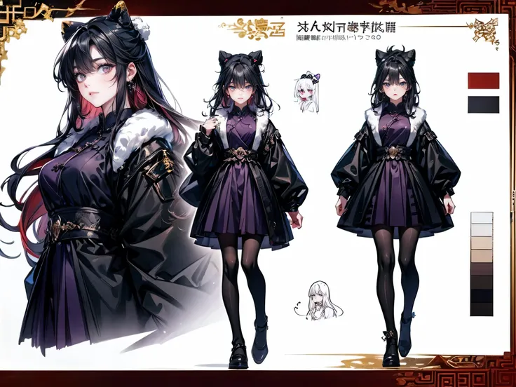  Masterpiece , best quality,  1 Xiao Wu ,  Face Color Looks Cool ,  Strong, Golden Left Eye , Red Right Eye , Long hair, Black hair,  Firm Eyes ,  Simple Uniform ,  Black Long Earrings ,  Chinese Morden Hybrid ,  Front Photo ,  simple background,  purple B...