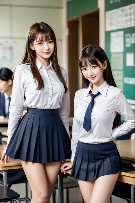 （full body）、((Highest quality)), ((masterpiece)), (Becoming closer), perfect face, , realistic, photo realistic, Highly Detailed Faces、 2 Beautiful Women 、 embarrassed expression、Small eyes、Black eyes、 big mouth、intelligent、ponytail、( stares at the viewer)...