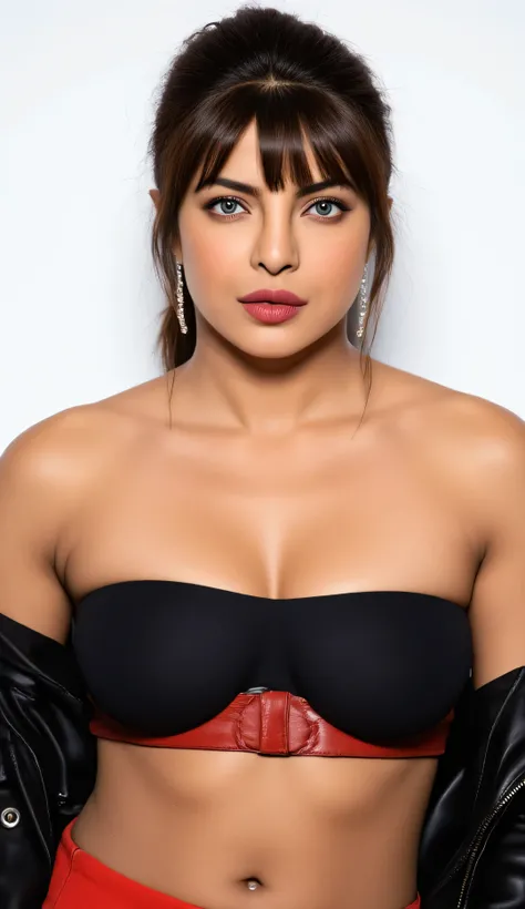 Priyanka choprabeautiful 25 years old actress sexy curvy size model woman  , wearing long hair, ponytai, blue eyes, short hair, swept bangs, choker, earrings,bandeau crop top , red belt, strapless, bare shoulders, large breast, black jacket,  brand shoot, ...