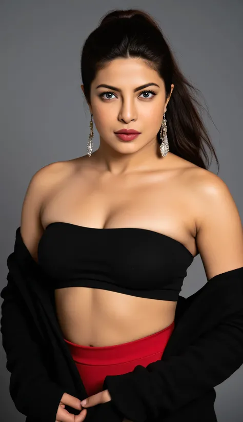 Priyanka choprabeautiful 25 years old actress sexy curvy size model woman  , wearing long hair, ponytai, blue eyes, short hair, swept bangs, choker, earrings,bandeau crop top , red belt, strapless, bare shoulders, large breast, black jacket,  brand shoot, ...