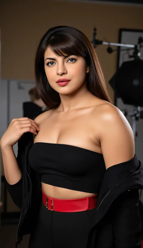 Priyanka choprabeautiful 25 years old actress sexy curvy size model woman  , wearing long hair, ponytai, blue eyes, short hair, swept bangs, choker, earrings,bandeau crop top , red belt, strapless, bare shoulders, large breast, black jacket,  brand shoot, ...